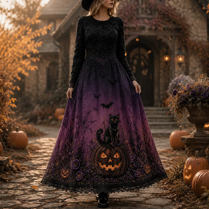 Women's Halloween Gothic Black Pumpkin, Black Cat & Bat Print Long-sleeve Maxi Dress