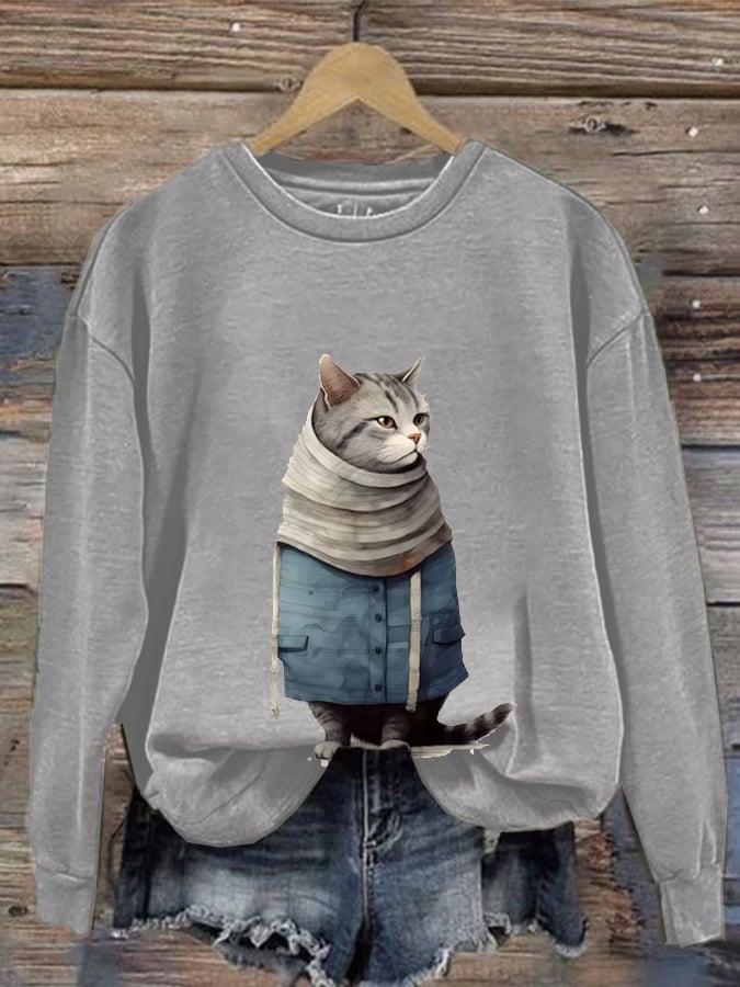 Women'S Winter Art Cat Print Crew Neck Casual Sweatshirt