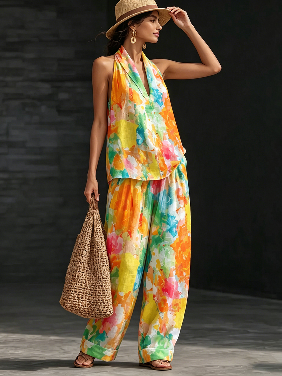 Artistic Watercolor Print Vacation Cotton-linen Two-piece Set