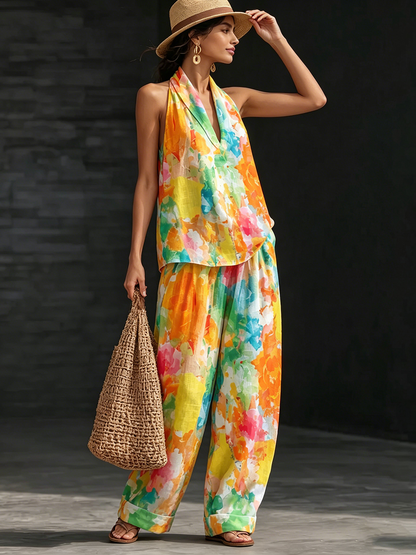 Artistic Watercolor Print Vacation Cotton-linen Two-piece Set