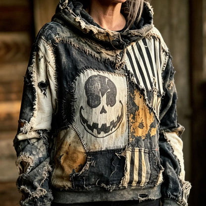 Women's Retro Halloween Skull And Smiley Face Pattern Distressed Hooded Sweatshirt