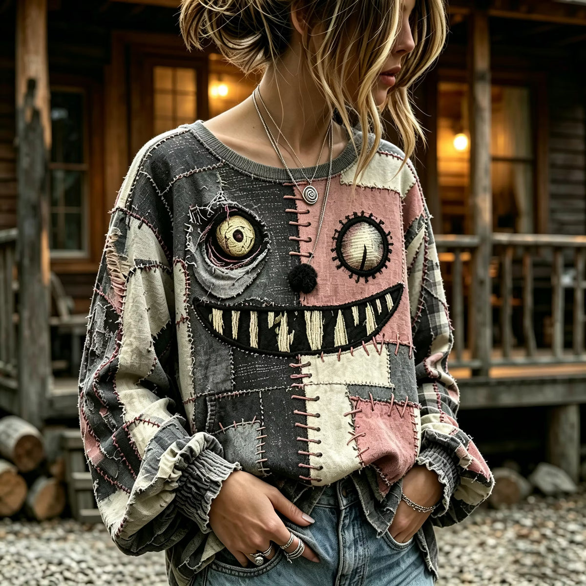 Women's Retro Halloween Patchwork Crew Neck Long Sleeve T-shirt