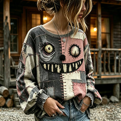 Women's Retro Halloween Patchwork Crew Neck Long Sleeve T-shirt