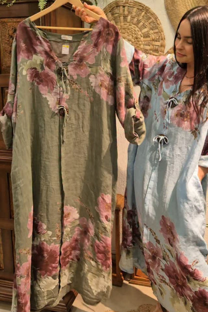 V-neck Long-sleeved Button-decorated Printed Casual Loose Dress