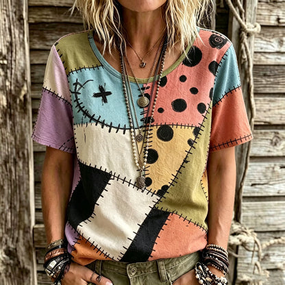 Women's Retro Halloween Geometric Pattern Crew Neck T-shirt