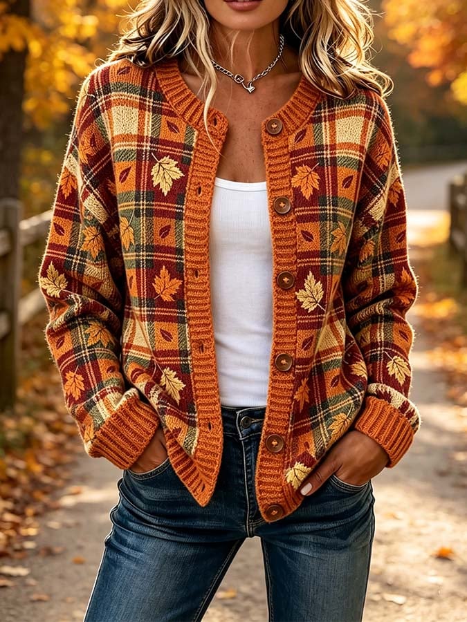 Women'S Casual Maple Leaf Knit Cardigan