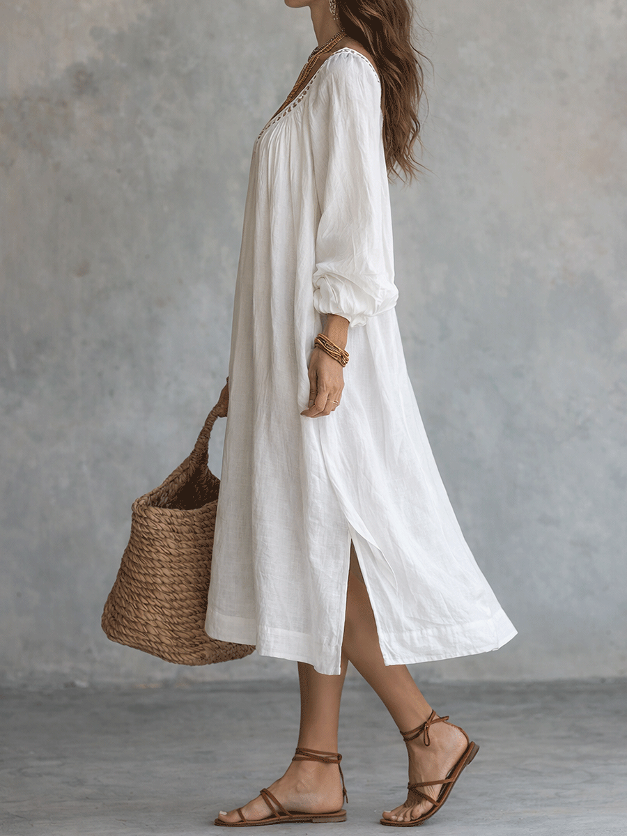 Quiet Luxury Soft-Gathered Cotton Boho Midi Dress