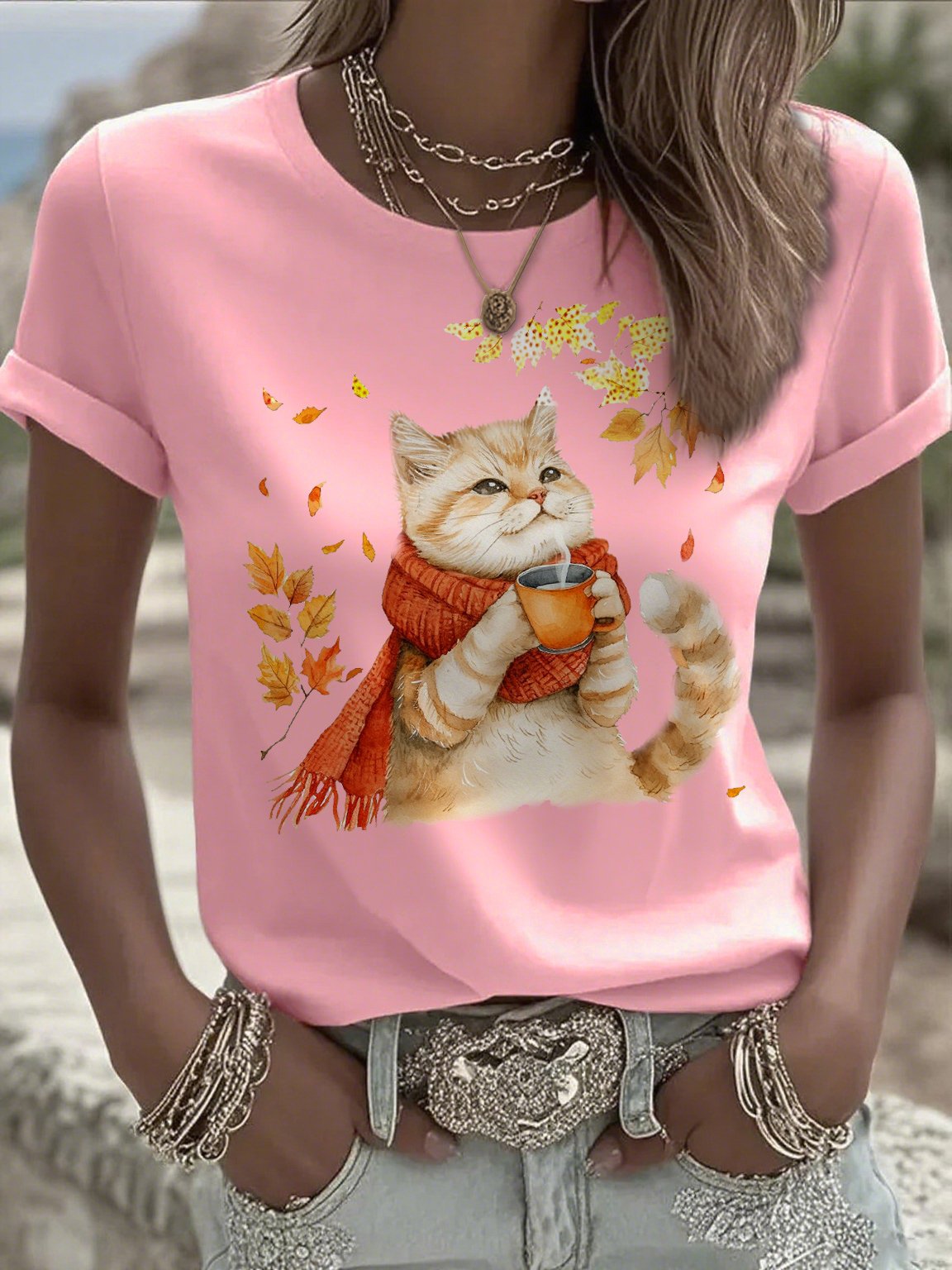 Women's Casual Autumn Animal Cat Print T-shirt