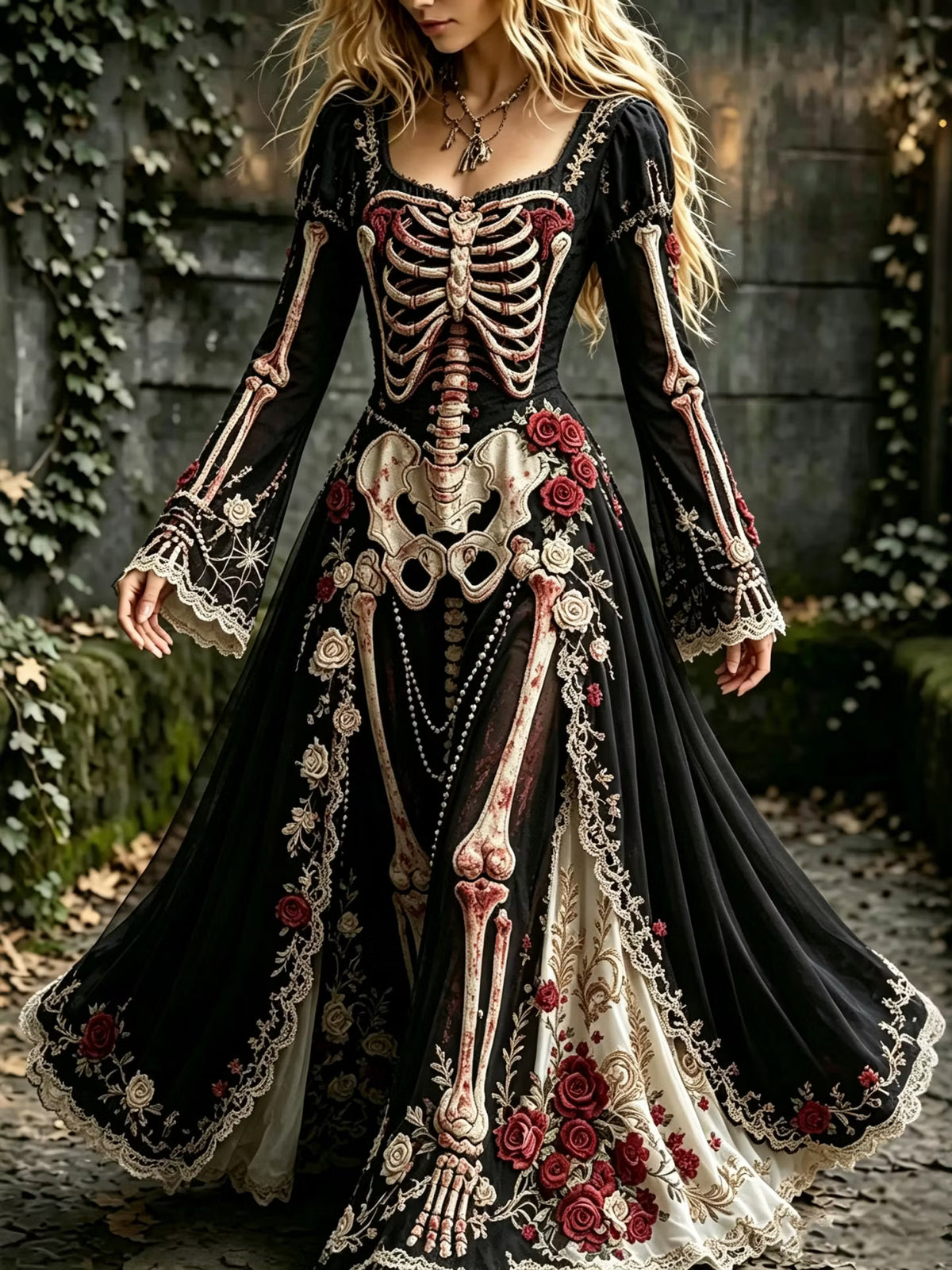 Women's Halloween Gothic Skeleton & Floral Long-sleeve Maxi Dress