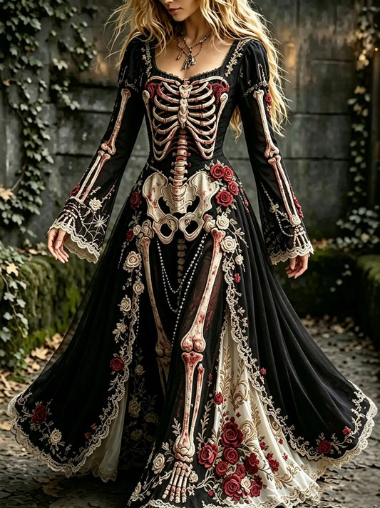 Women's Halloween Gothic Skeleton & Floral Long-sleeve Maxi Dress