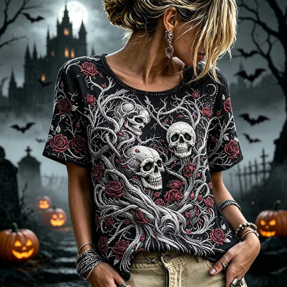 Women's Retro Halloween Skull Floral Art Casual Crew Neck Short Sleeve T-shirt