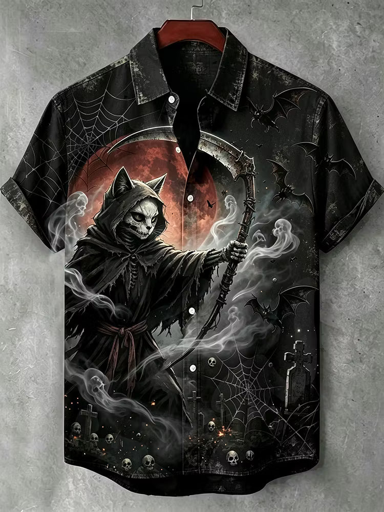 Men's Halloween Skull Cat Soul Stealer Dark Art Short Sleeve Shirt