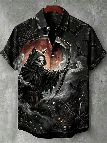 Men's Halloween Skull Cat Soul Stealer Dark Art Short Sleeve Shirt