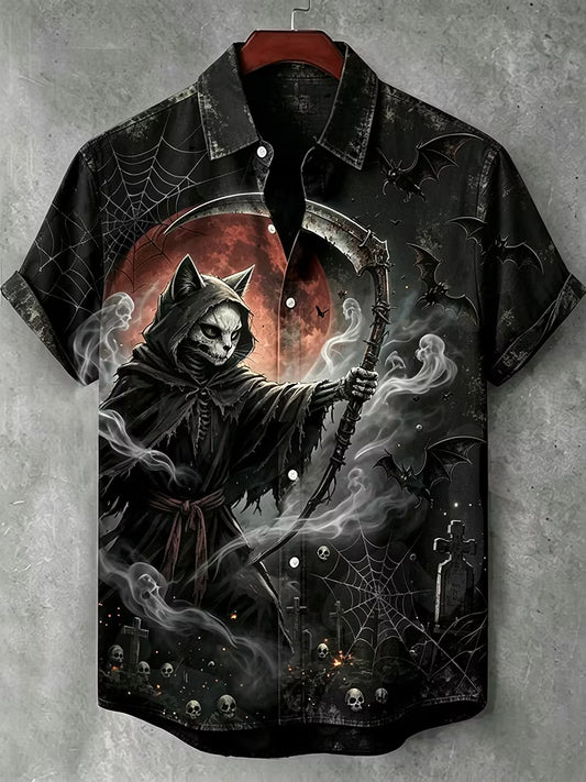 Men's Halloween Skull Cat Soul Stealer Dark Art Short Sleeve Shirt