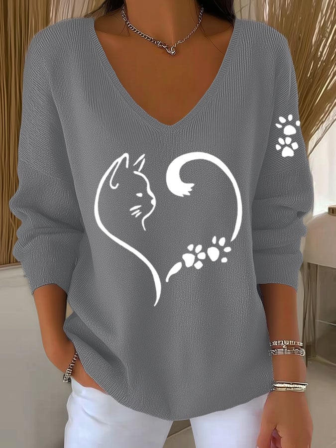 Women's Casual Cat Paw & Heart Print T-Shirt