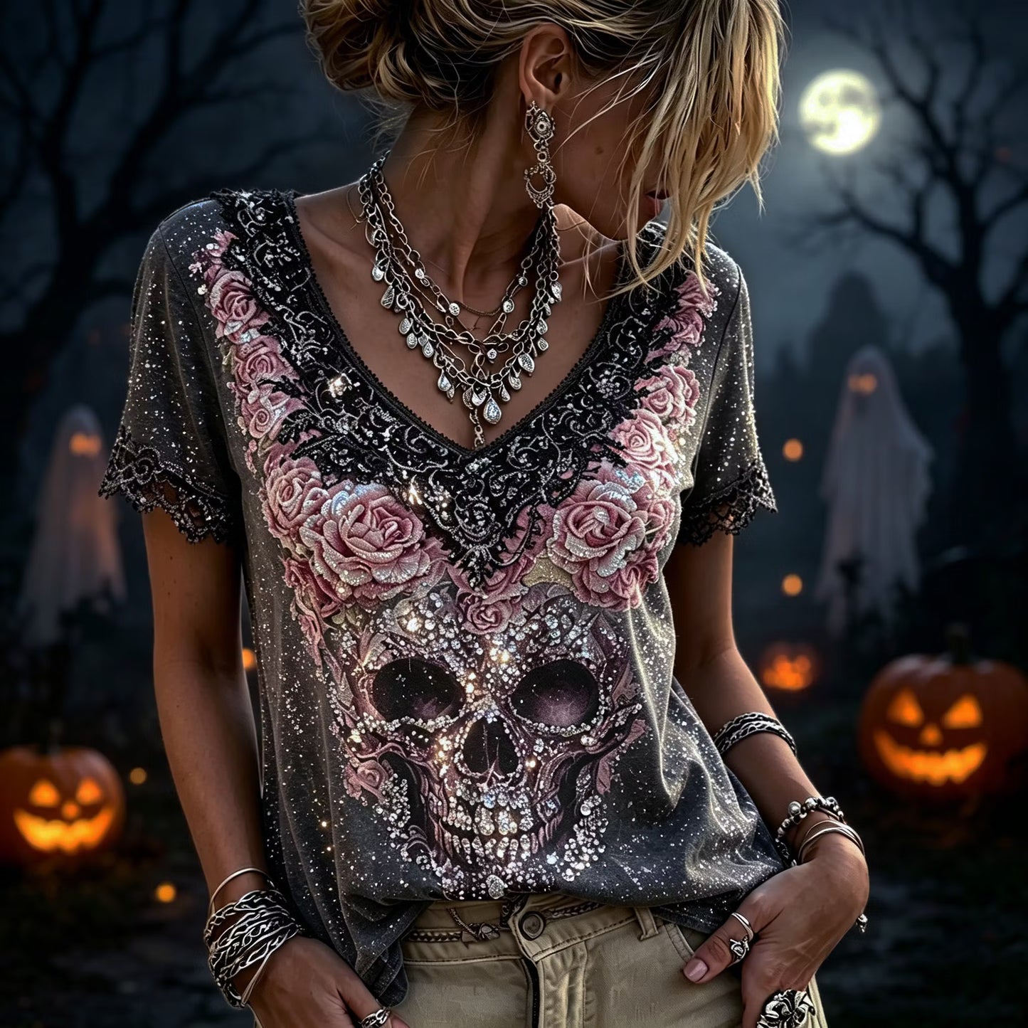 Women's Retro Halloween Style Skull And Rose Sequin Embroidered Print Top