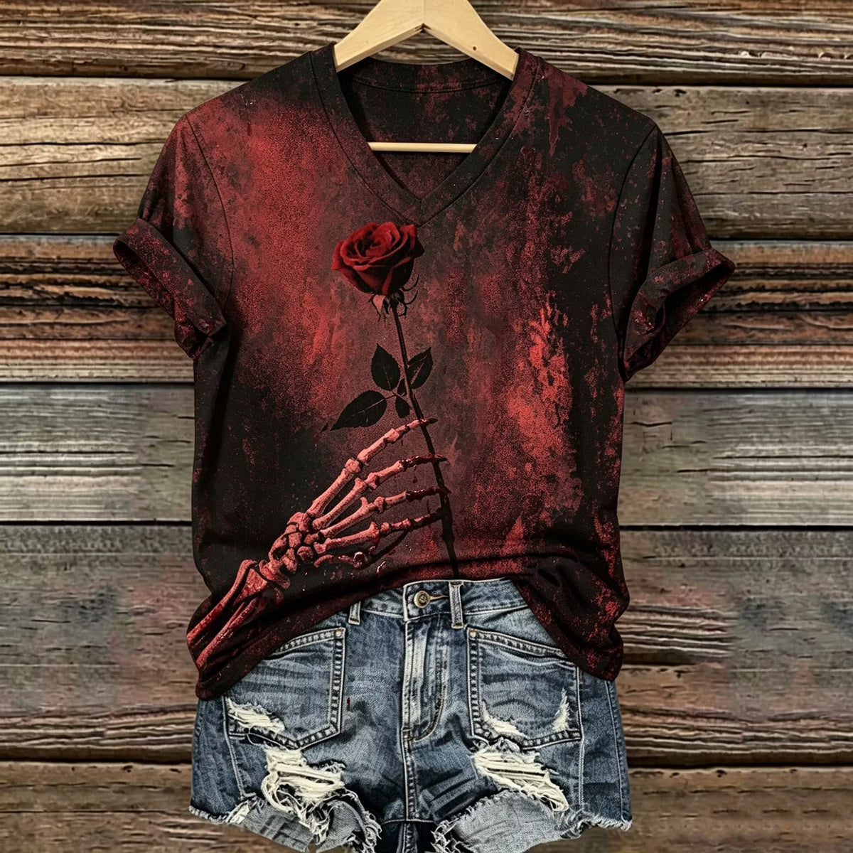 Women's Retro Bohemian Style Skull And Rose Floral Print T-shirt
