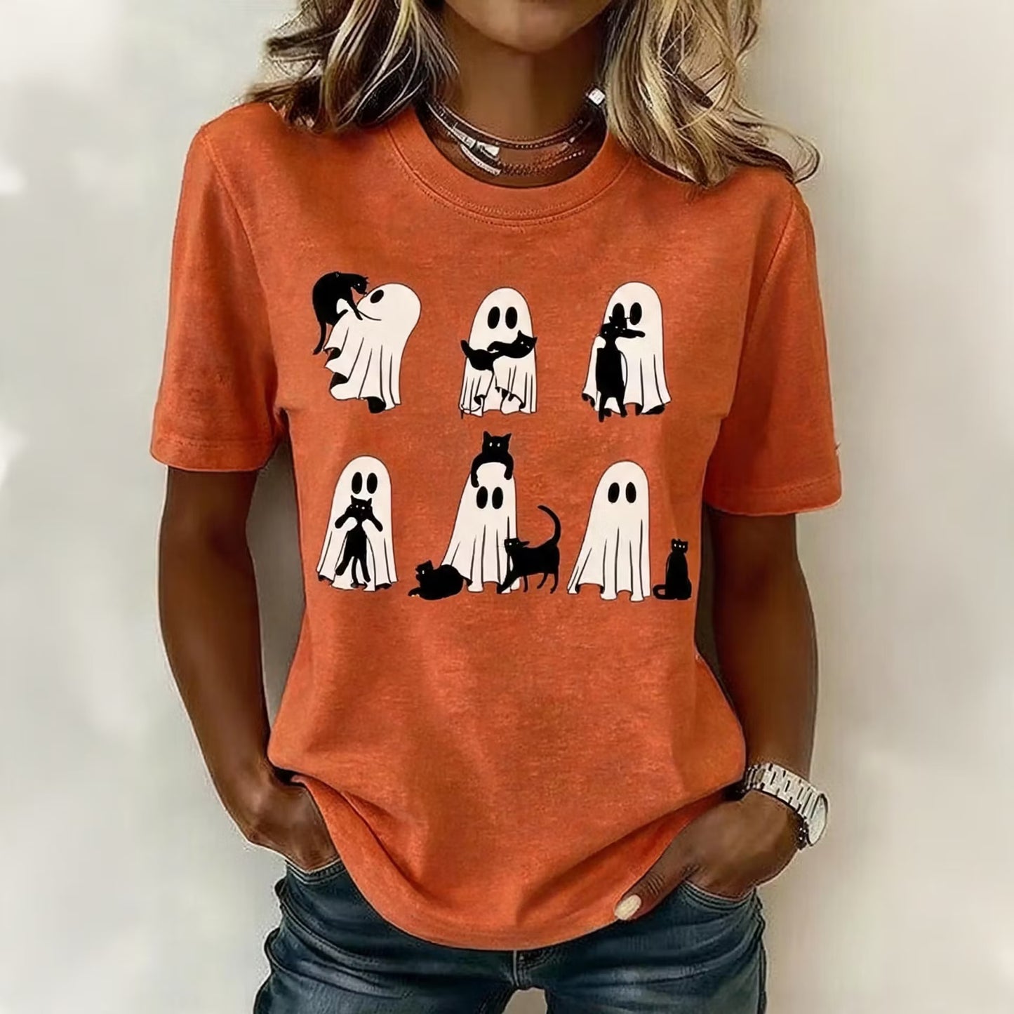 Women's Retro Halloween Ghost And Cat Pattern Crew Neck T-shirt