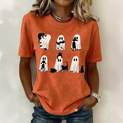 Women's Retro Halloween Ghost And Cat Pattern Crew Neck T-shirt