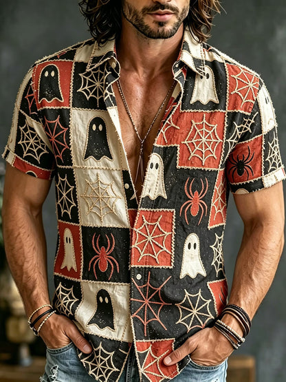 Men's Retro Hippie Style Halloween Pattern Patchwork Embroidered Print Short-sleeve Shirt