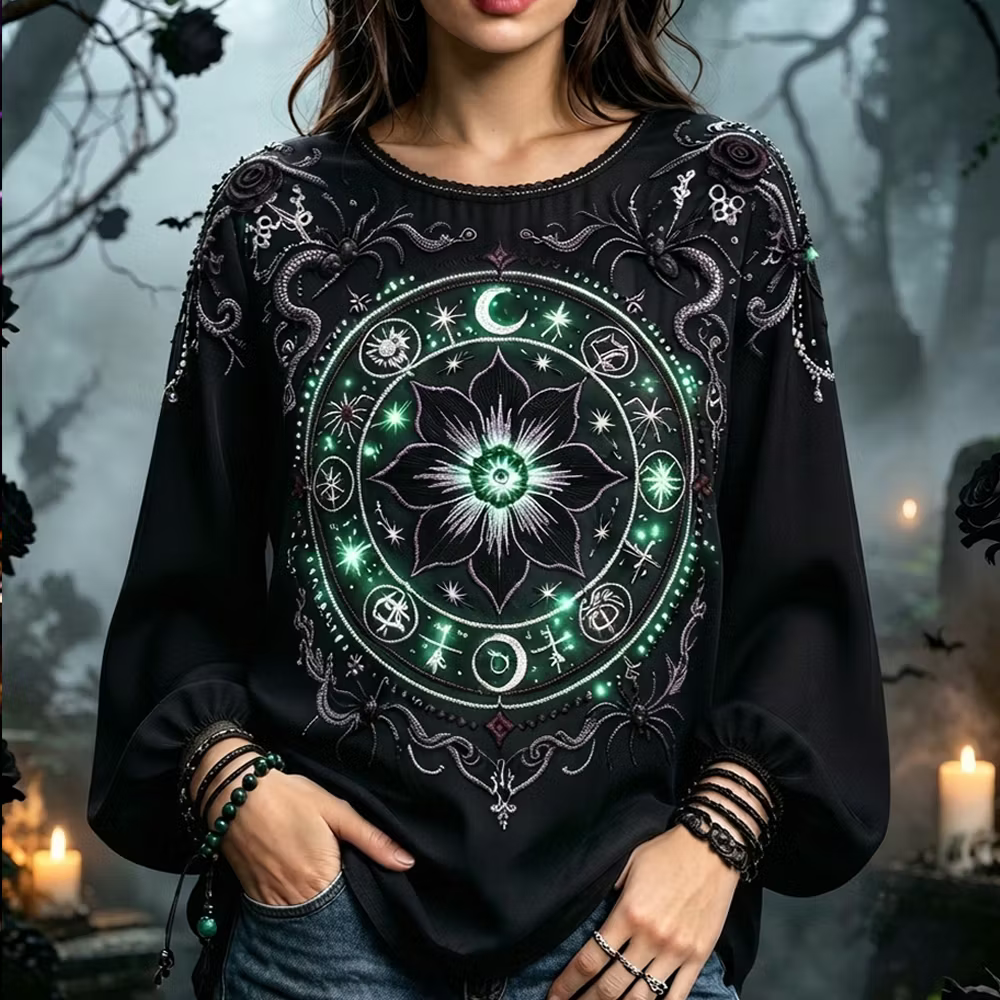 Women's Halloween Long-sleeved Shirt, Decorated With Gothic Starry Mandala And Spider Patterns.