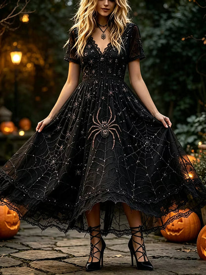 Women's Vintage Lace And Spider Art Black V-neck Short Sleeve Flared Dress