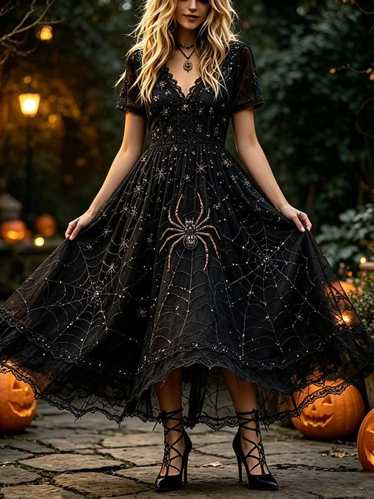 Women's Vintage Lace And Spider Art Black V-neck Short Sleeve Flared Dress