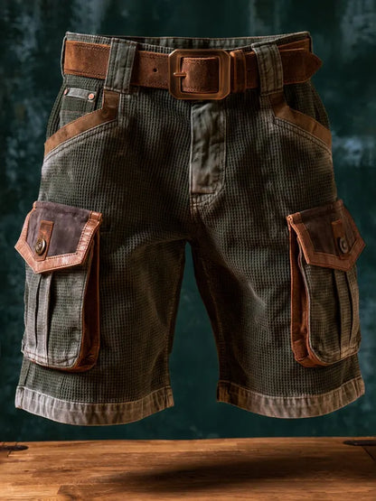 Men's Retro Waffle-Knit & Leather-Panel Print Outdoor Casual Shorts
