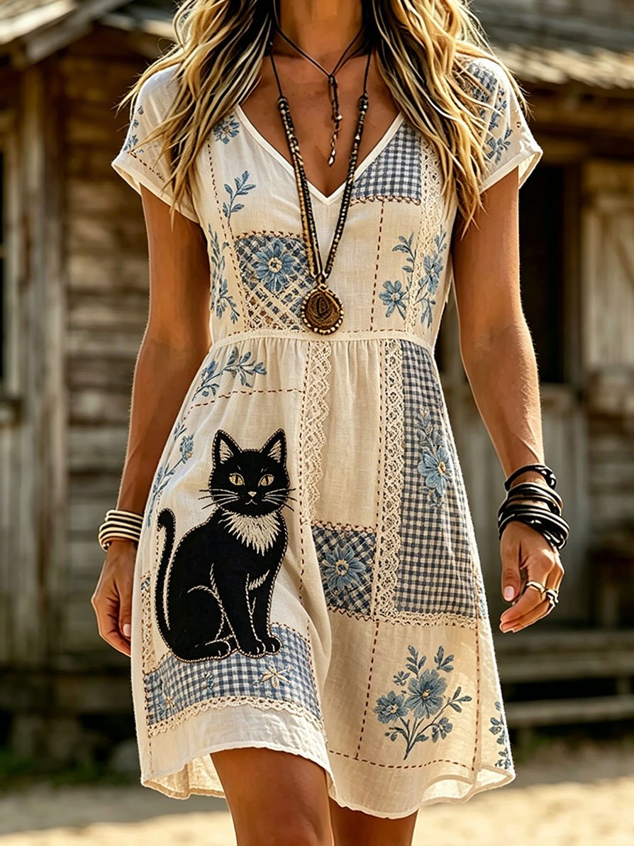 Women's Casual Retro Cat-Print Dress