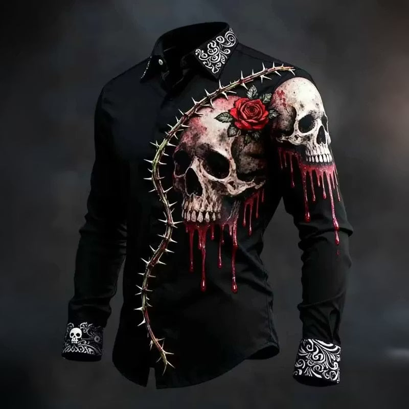 Men's Retro Halloween Skull Art Pattern Casual Shirt