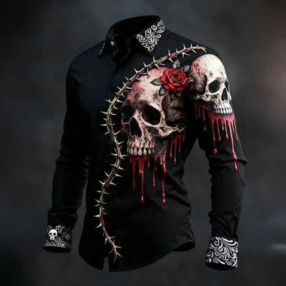 Men's Retro Halloween Skull Art Pattern Casual Shirt
