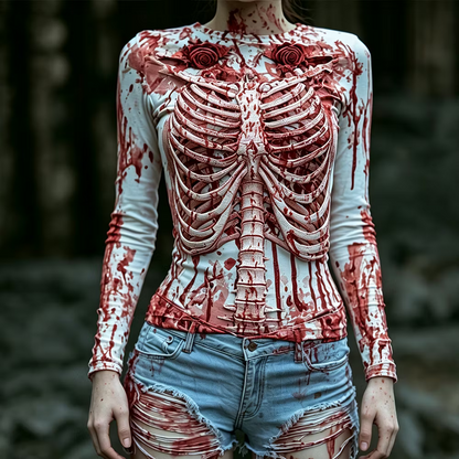 Women's Long-sleeved Crew Neck T-shirt, Decorated With Bloody Skull Ribs And Rose Print.