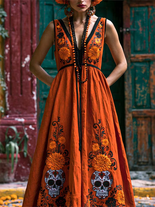 Women's Retro Floral Skull Design V-neck Cotton Linen Dress