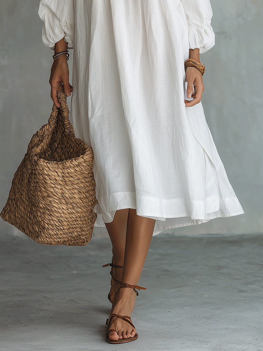 Quiet Luxury Soft-Gathered Cotton Boho Midi Dress