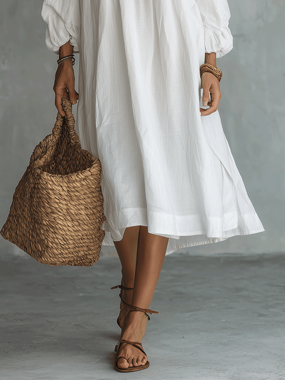Quiet Luxury Soft-Gathered Cotton Boho Midi Dress