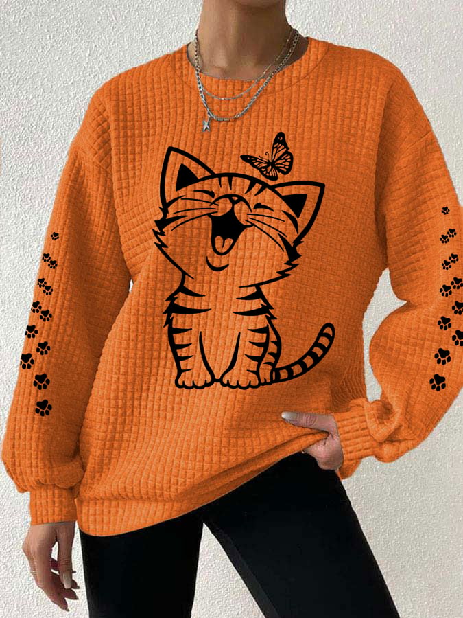 Women's Cute Cat Print Cat Lovers Casual Waffle Sweatshirt