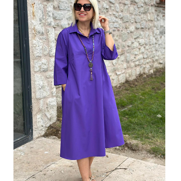 Women'S Long Shirt Solid Color Temperament Commuting Simple Lapel Cardigan Dress