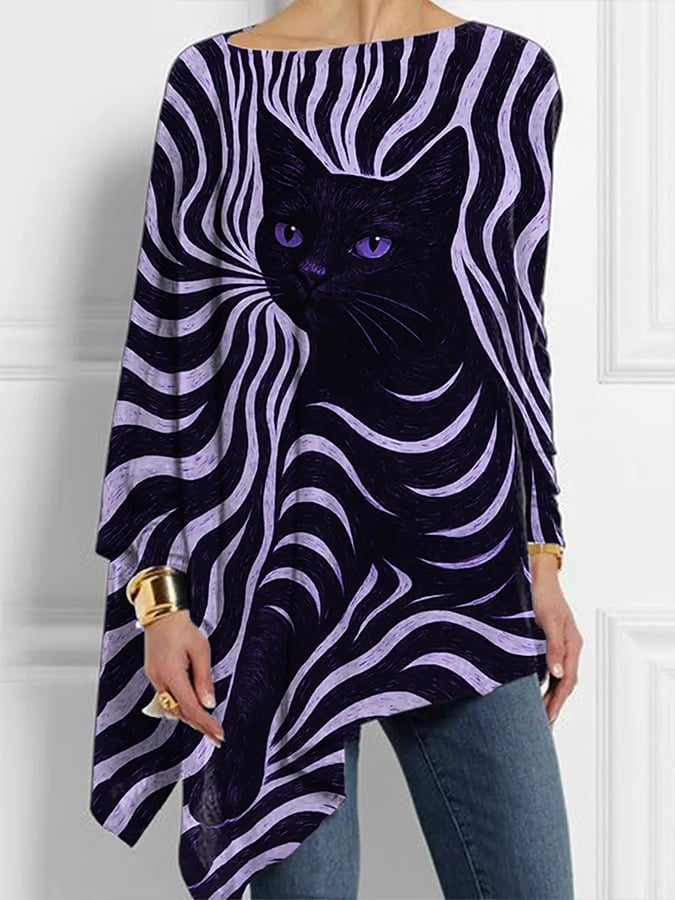 Women's Halloween Black Cat Print Top