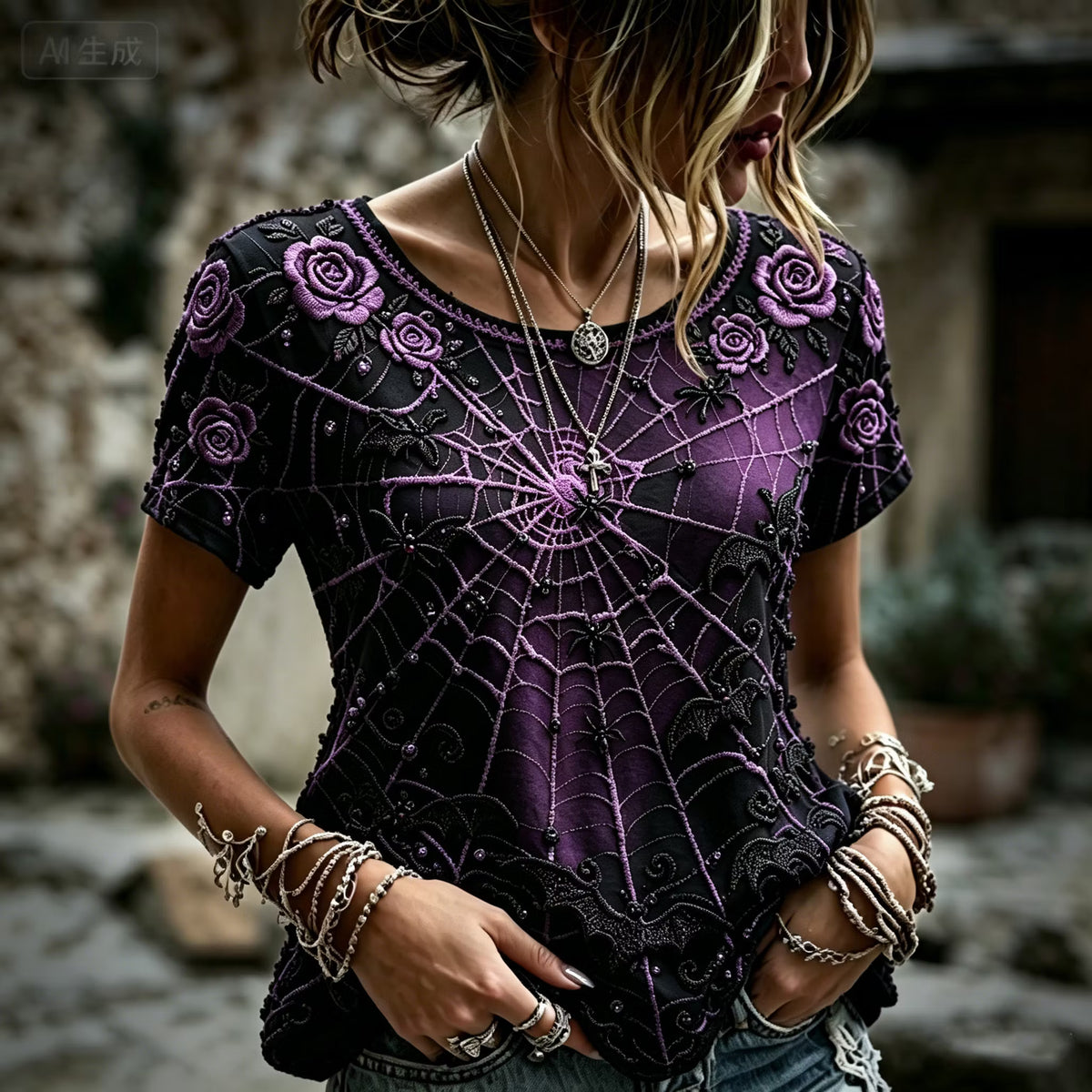 Women's Retro Halloween Style Spiderweb, Rose, And Bat Embroidered Print Top