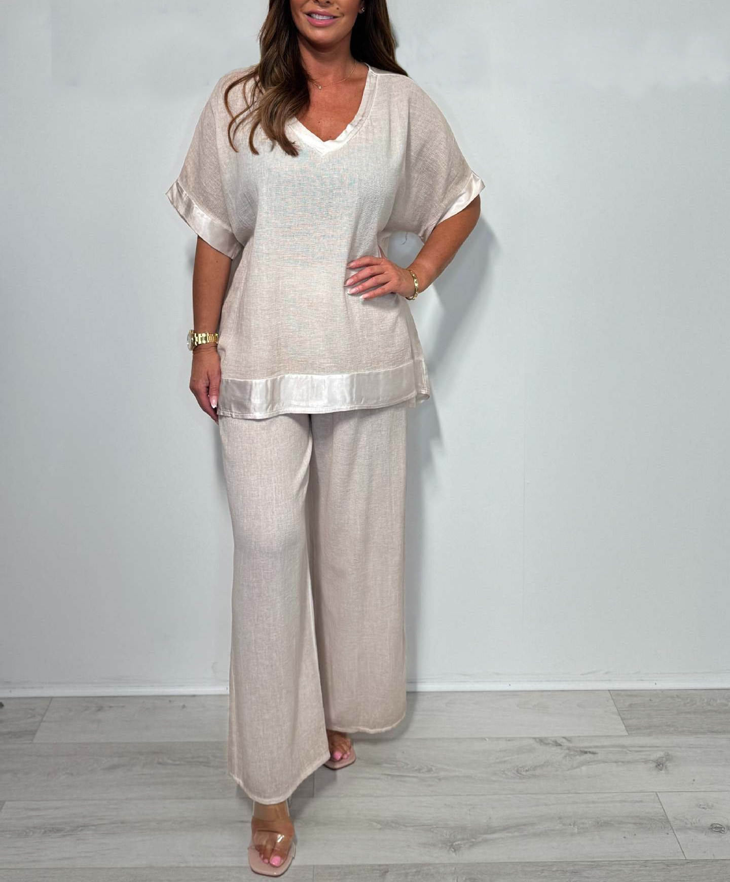 Women's Fashion Casual Surface Trim V-Neck Pants Suit Two-Piece Set