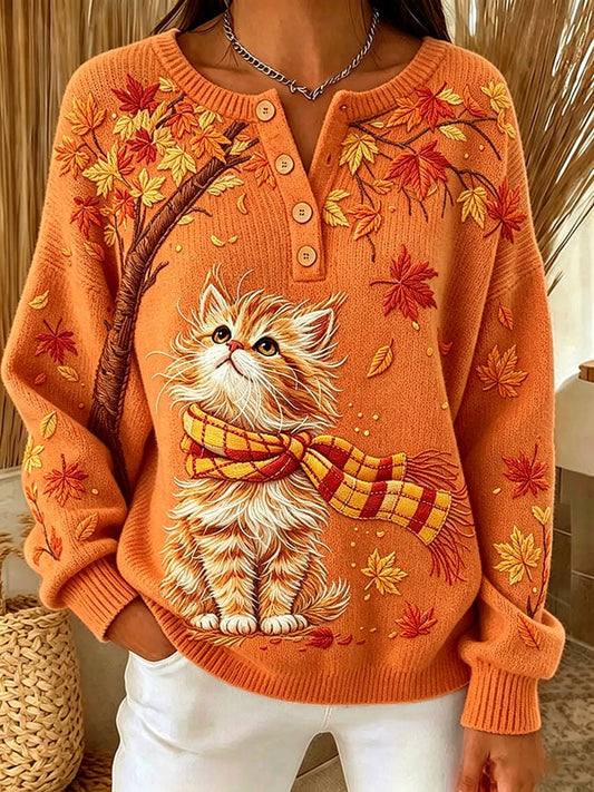 Women's Casual Print Button-Up Collar Knit Top