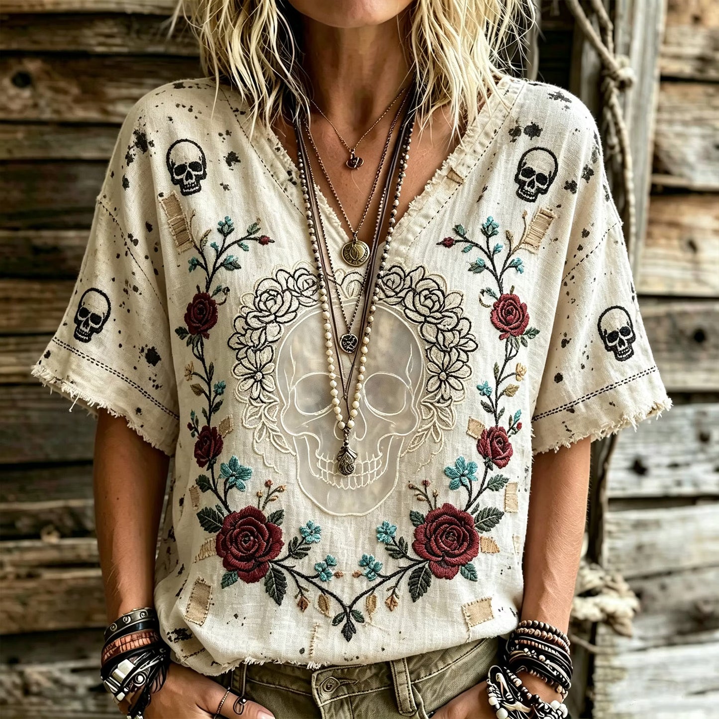 Women's Off White Boho Skull Rose Embroidery V Neck T-shirt