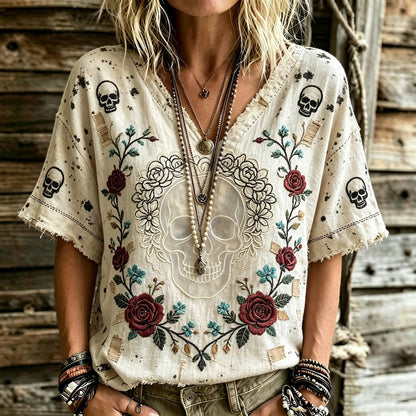 Women's Off White Boho Skull Rose Embroidery V Neck T-shirt
