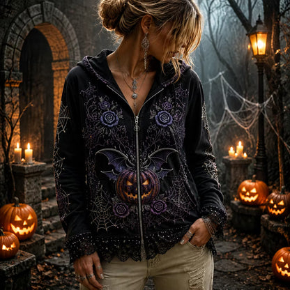 Women's Halloween Gothic Black Pumpkin, Spiderweb & Rose Zip Hoodie