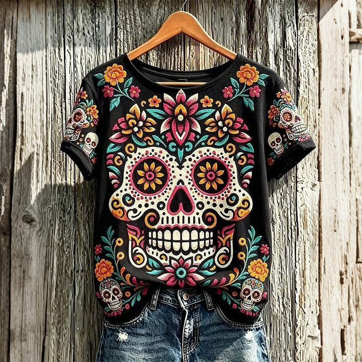 Women's Retro Floral Skull Design Cotton Linen Crew Neck Short Sleeve T-shirt