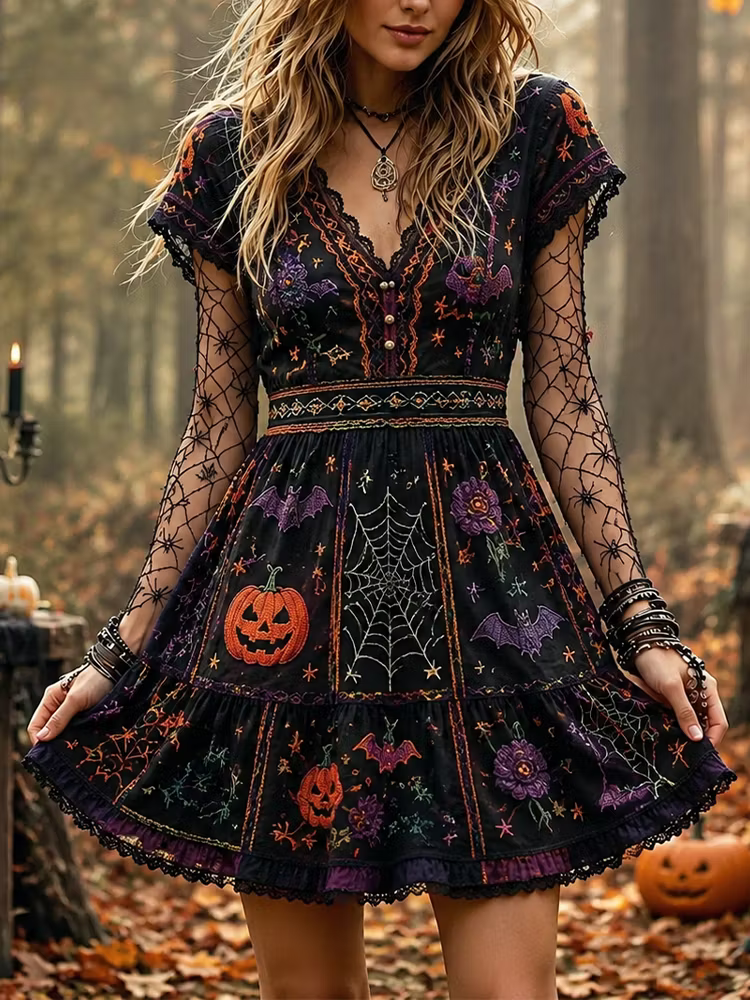 Women's Halloween Gothic Patchwork Spiderweb, Bat & Pumpkin Print Short Dress