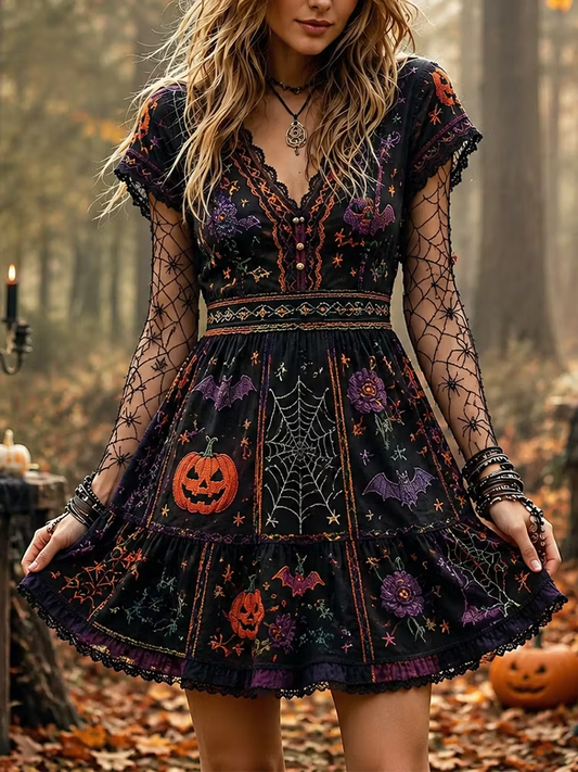 Women's Halloween Gothic Patchwork Spiderweb, Bat & Pumpkin Print Short Dress