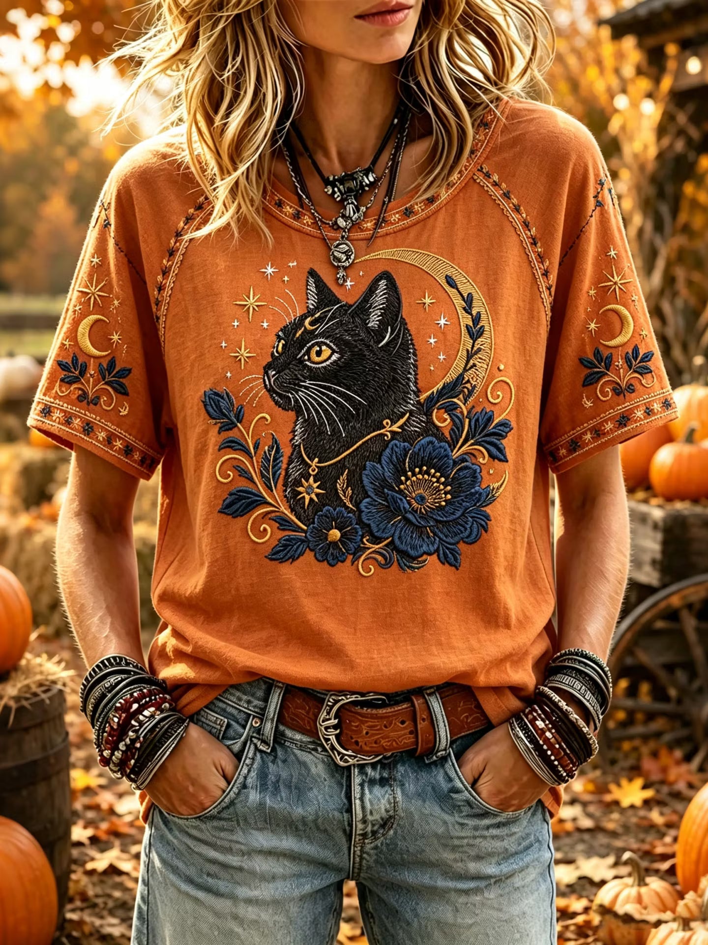 Women's Retro Sun And Moon Cat Vacation Round Neck Cotton Linen Top