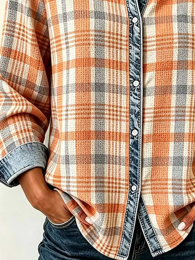 Women'S Casual Denim Patchwork Plaid Shirt