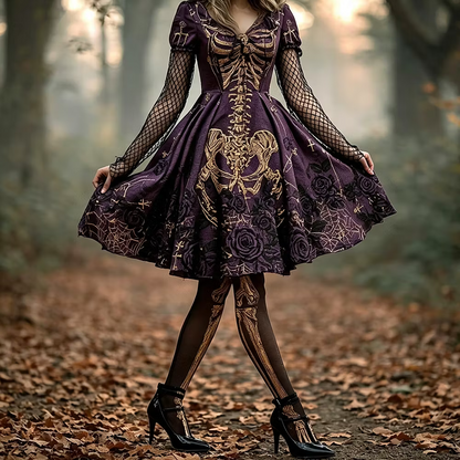 Women's Gothic Short-sleeved Dress, Adorned With Gold Skull, Rose And Spider Web Prints.